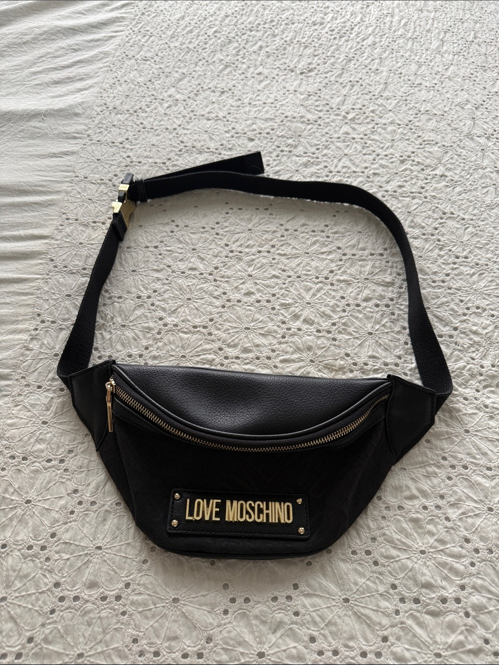 Authentic Moschino Black Belt Bag with Gold Logo Plaque